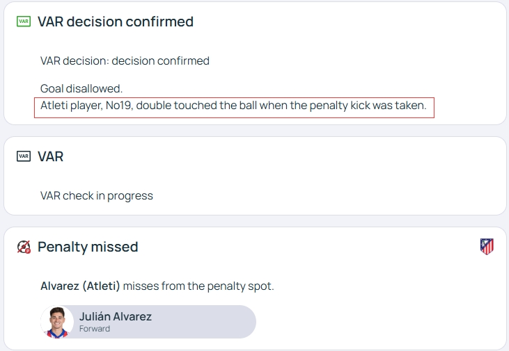 官方明確！歐冠官網：阿爾瓦雷斯罰點時2次觸球，VAR決定進球無效